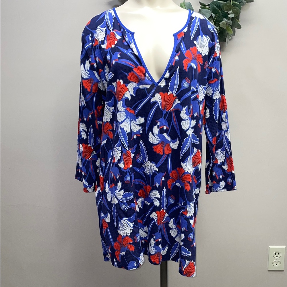 J. Crew Cotton Gauze Tunic V-neck 3/4 Sleeve Floral Print Cover-Up XL